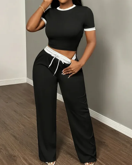 Conjunto Top de Manga Curta Sexy com Contraste de Cor e Calça 2 Peças Feminina 156