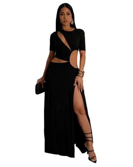 Vestido feminino justo, sexy, de manga curta, com recorte e fenda longa maxi 490