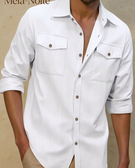 Homem Meia-Noite Camisa Casual Masculina de Manga Longa, Cor Sólida, Abotoamento Simples 613