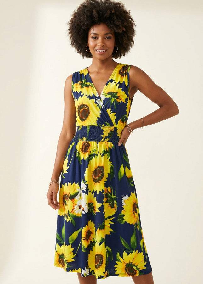 Vestido midi feminino de verão, solto, com decote em V transpassado, estampa abstrata, sem mangas e amarração nas costas 615