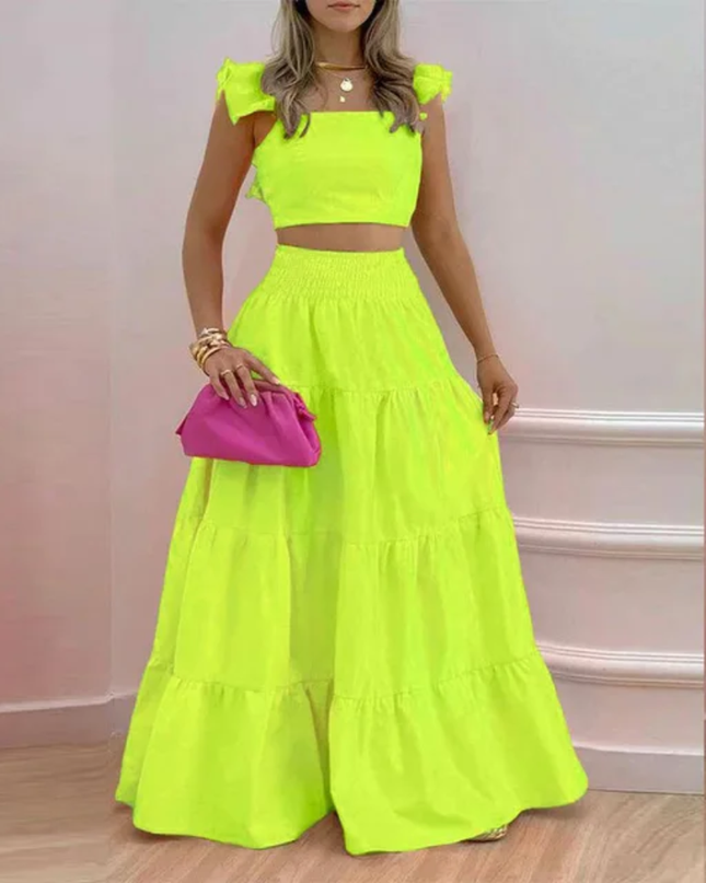 Conjunto de Verão de duas peças para mulheres, Saia Evasê Sensual com Alças e Cintura Média, Estampado na Moda 192