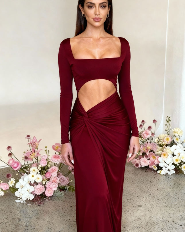 Vestido Longo Feminino com Decote Canoa, Detalhe Torcido na Frente e Fenda na Coxa 107