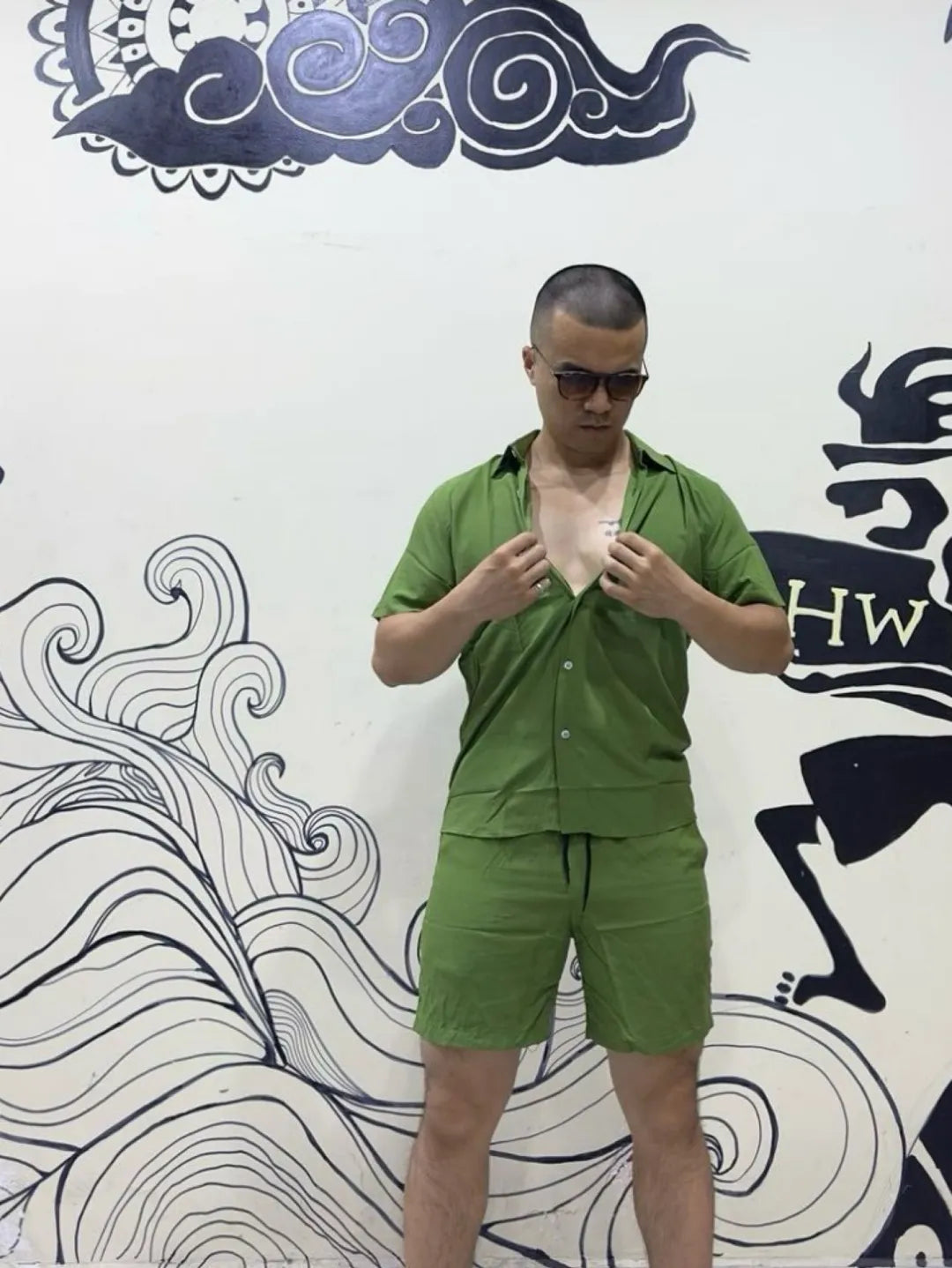 Camisa conjunto lisa masculina slim fite manga curta férias 268