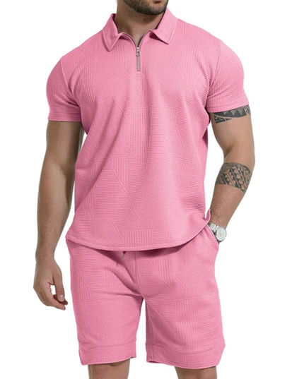 Summer Sport Solid Zipper Collar Short Sleeve Men's Polo Shirt Set