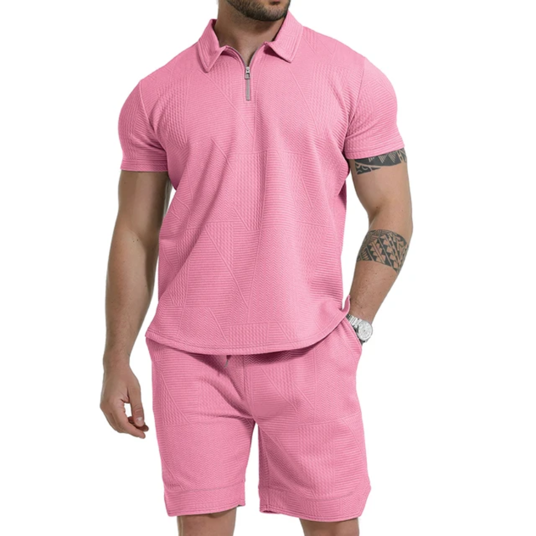Summer Sport Solid Zipper Collar Short Sleeve Men's Polo Shirt Set