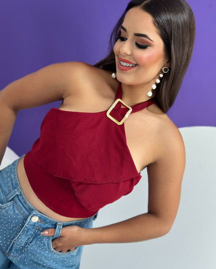 Cropped Feminino Canelado com Bojo e Fivelas Alça Larga  Botão dourado    Cropped  Noite  Feriado  Férias 596