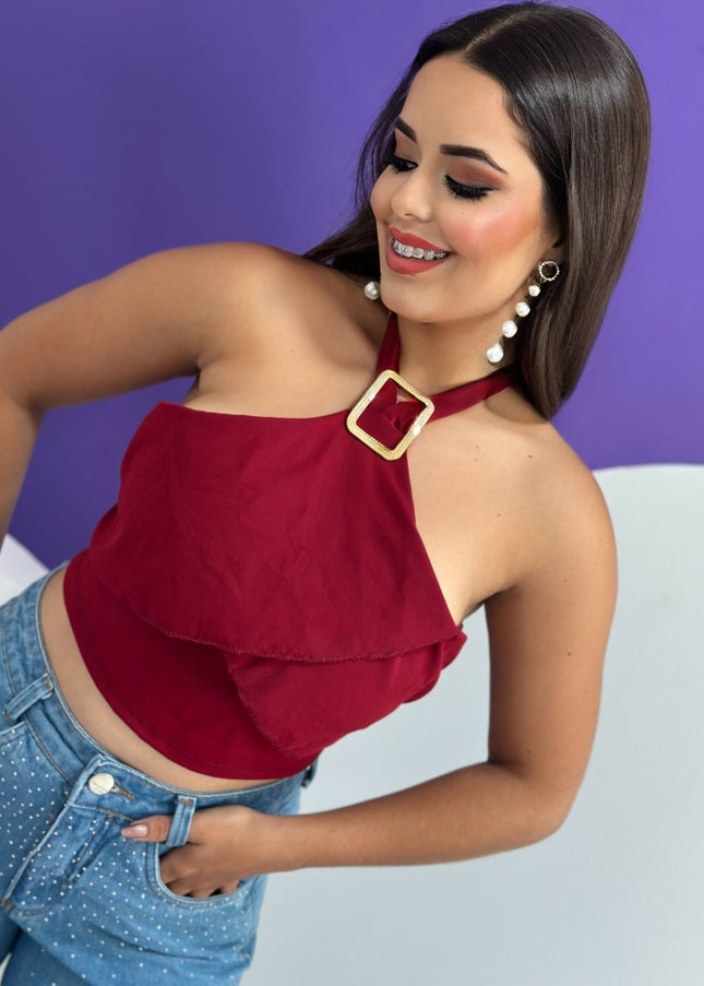 Cropped Feminino Canelado com Bojo e Fivelas Alça Larga  Botão dourado    Cropped  Noite  Feriado  Férias 596