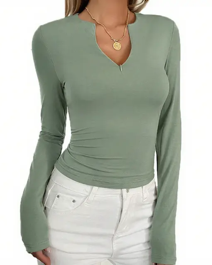 Camiseta Slim Fit de Manga Longa com Decote em V de Cor Sólida Casual 167