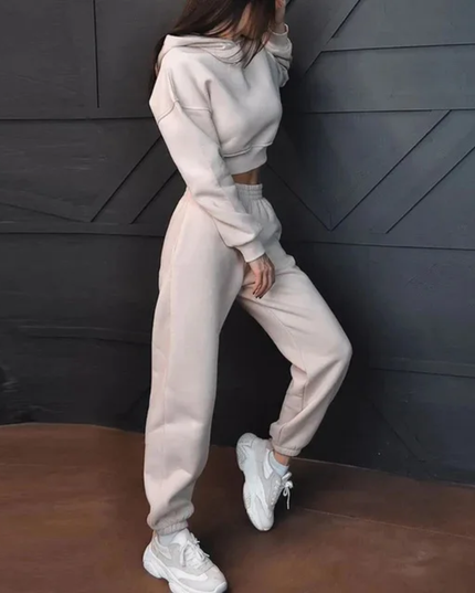 Conjunto feminino de top cropped com capuz e calça de moletom 208