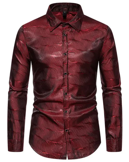 Homem Meia-Noite Camisa Masculina de Manga Longa com Gola Alta Jacquard, Ajuste Solto, Outono, Formal 591
