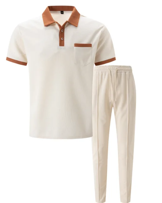 Men's Breathable Polo Shirt & Long Pants Set – Waffle Collar Edition