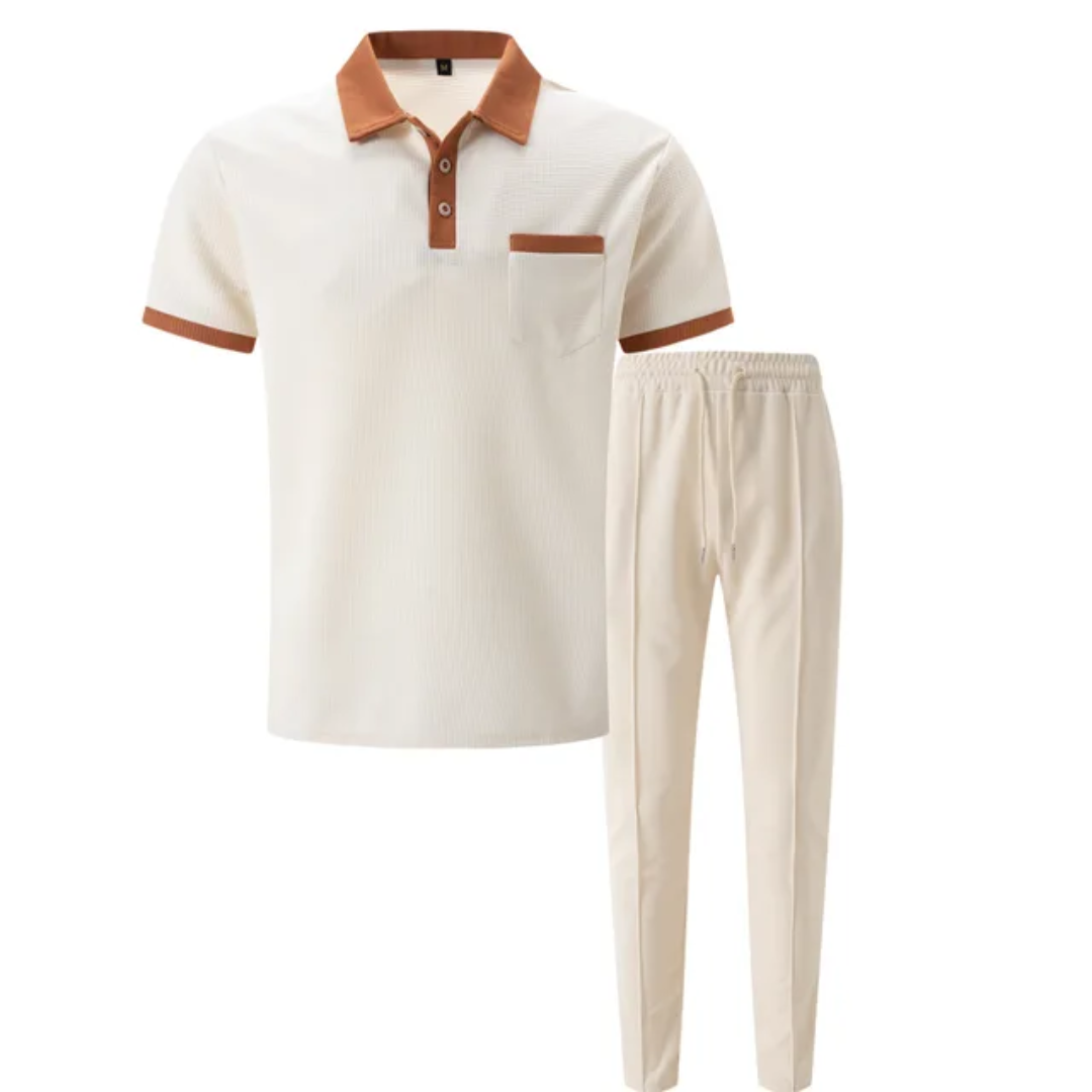 Men's Breathable Polo Shirt &amp; Long Pants Set – Waffle Collar Edition