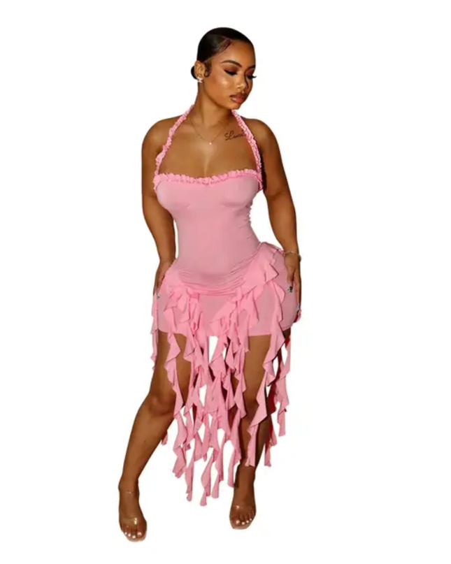 Vestido Mini Bodycon Sexy de Festa, Roupas de Aniversário, Babados Retalhos Halter 505