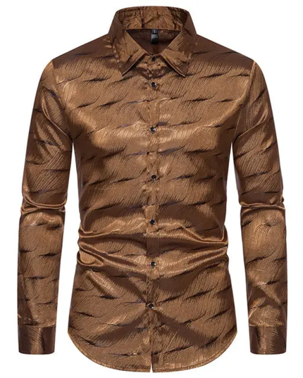 Homem Meia-Noite Camisa Masculina de Manga Longa com Gola Alta Jacquard, Ajuste Solto, Outono, Formal 591