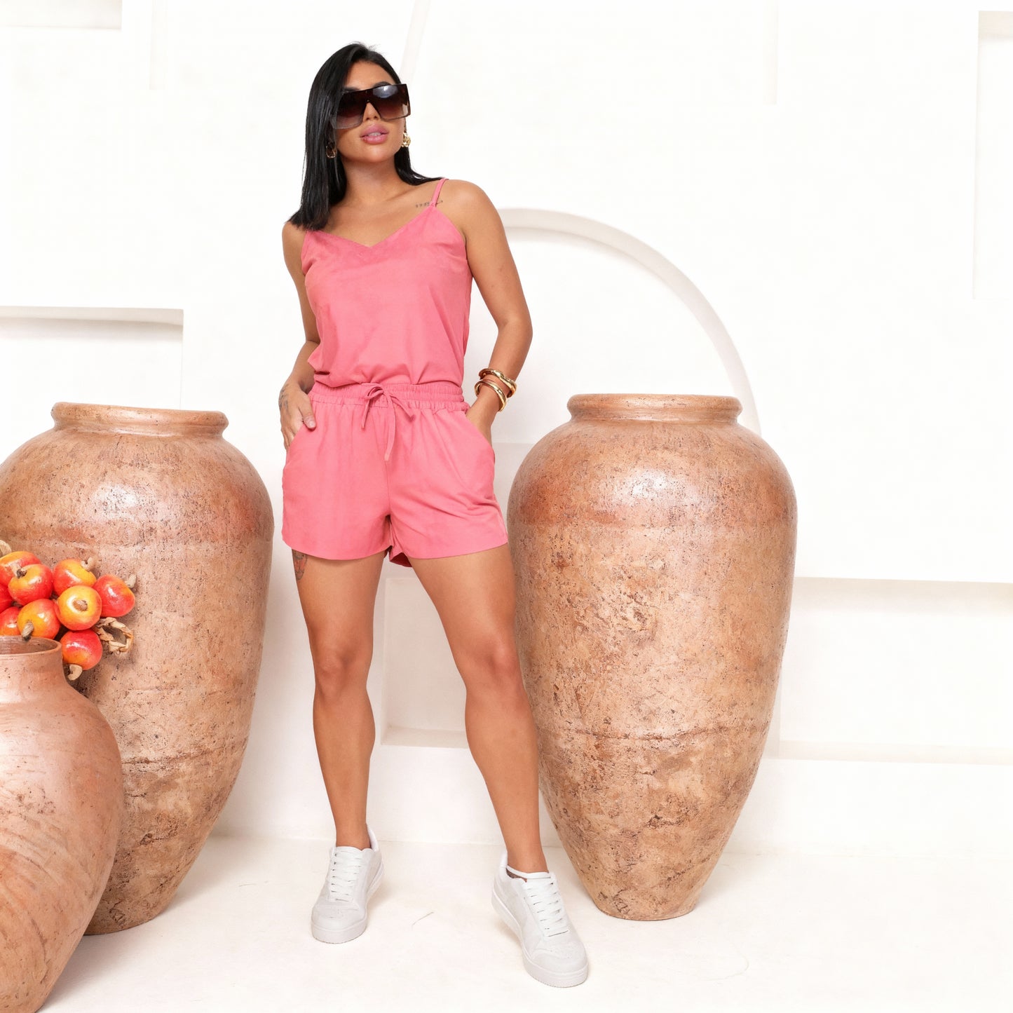 Conjunto Feminino Confortável Short Curto Com Bolso E Blusa De Alça fina 242