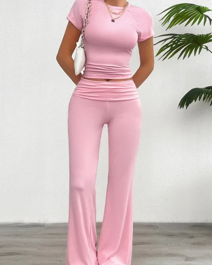 Conjunto de 2 peças Camisa T de Manga Curta Casual e Calça de Perna Dobrada na Cintura em para Mulheres 148