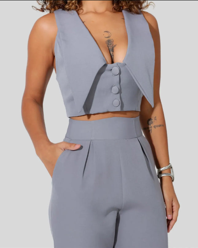 Conjunto colete e calça em alfaiataria estoque 90