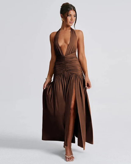 Vestido Longo Elegante de Decote em V com Halter, Vestido com Fenda Sexy, Pregueado e Costas Abertas 302