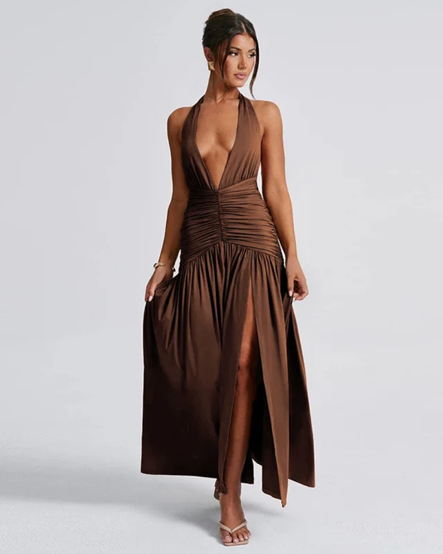 Vestido Longo Elegante de Decote em V com Halter, Vestido com Fenda Sexy, Pregueado e Costas Abertas 302