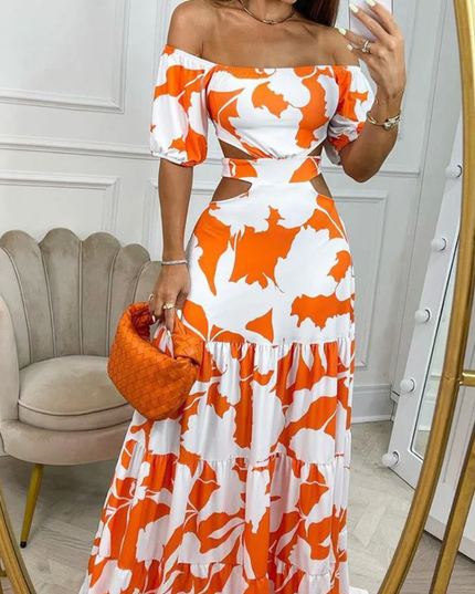 Vestido Elegante Ombros de Fora, Cintura Alta, Sino, com Estampa Gráfica, Vestimenta de Clube Estilosa 203