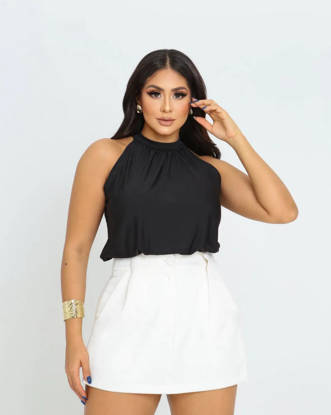 Blusa Feminina Gola Alta Halter Sem Mangas em Suplex Liso Elegante 230