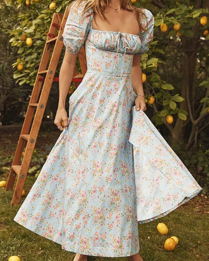 Vestido estampado floral feminino com decote quadrado Vestidos franceses com bainha dividida Elegante 190