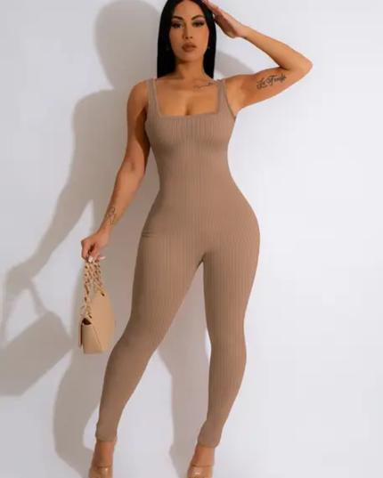 Macacão Slim Fit de Cor Sólida para o Verão, Regata com Halter, Bandagem Costas Nuas, Casual para Mulheres 507