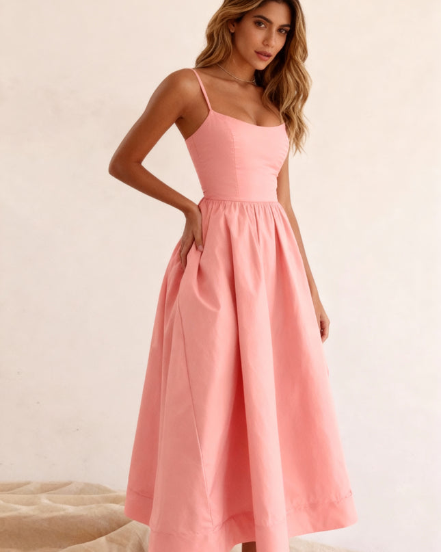 Vestido Midi Fluido com Cintura Franzida, Decote em U, Sem Mangas 112