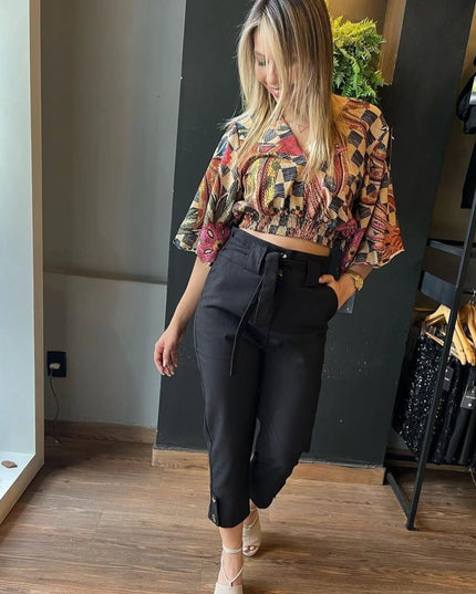 Calça Feminina Estilosas em Linho com Botão na Barra 512