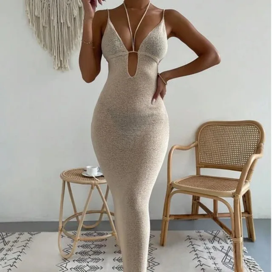 Hollow lace hanging neck strap knitted backless bikini dress