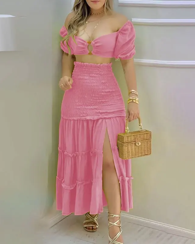 2 peças/Conjunto Top Regata de Textura de Verão para Mulheres com Laço Nas Costas e Saia 309