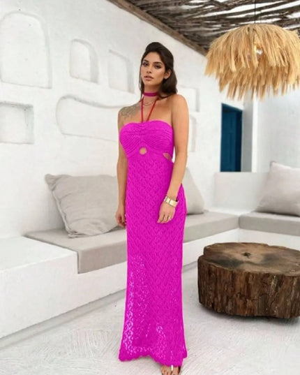 Vestido Longo Em Tricot Rendado Alça com forro Elegante 445