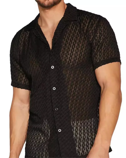 Homem Meia-Noite Camisa Casual Masculina de Manga Curta, Cor Sólida e Vazada, Primavera/Verão 588