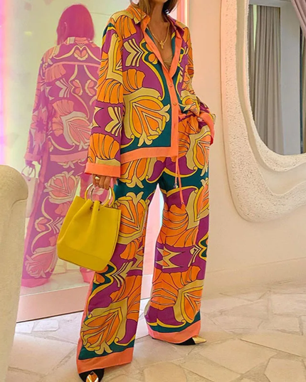 2 Peças/Conjunto Camisa de Manga Longa e Calças com Estampa de Moda de Verão e Retalhos 197