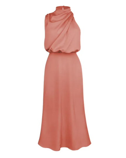 Vestido de Festa Elegante Sem Mangas de Gola Alta em Cetim, Vestido Semiformal de Coquetel 303