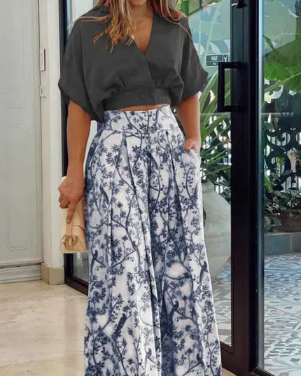 2 peças/Conjunto Top de Botão de Manga Curta com Decote em V de Verão para Mulheres e Calça Pantalona de Cintura Alta 189