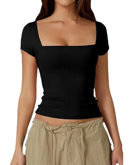 Camiseta Cropped Slim-Fit de Gola Quadrada e Tricô Sólido para Mulheres 173