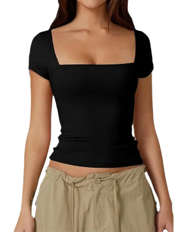 Camiseta Cropped Slim-Fit de Gola Quadrada e Tricô Sólido para Mulheres 173