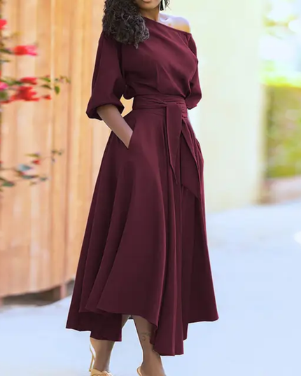 Vestido Longo Amplo Sobressalente com Cinto Vestido Elegante com Bolsos, Ombros à Mostra, Bainha Irregular 205