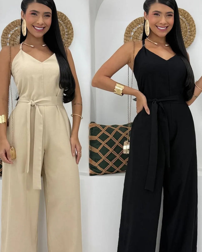 Macacão Feminino Longo Simples elegante Casual Festa Tecido Com cinto Bolso Zíper Sensorial verão  Elegante 287