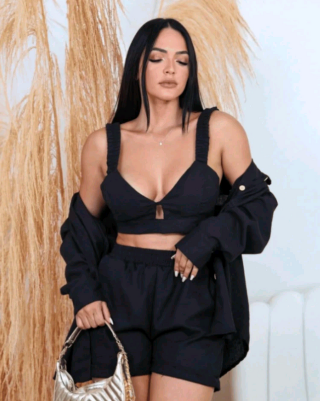 Conjunto de 3 peças Feminino Camisa Shorts e Top em Linho 298