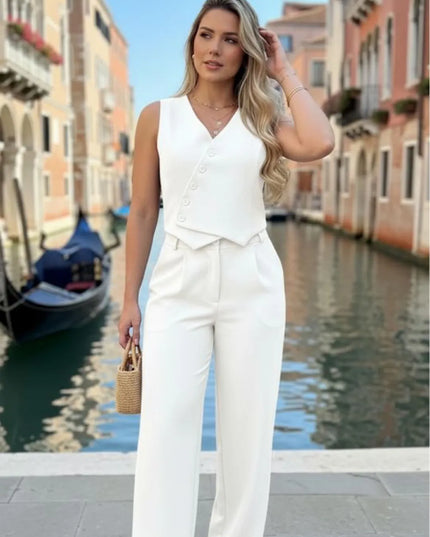 Assimétrico Conjunto Feminino de Duas Peças: Colete com Gola Halter e Calça Longa 57