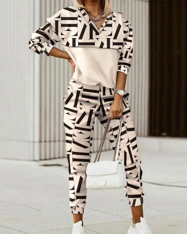 Conjunto de 2 Peças para Mulheres, Top de Manga Longa com Estampa Geométrica e Calça Jogger, para Uso Diário e Streetwear 207