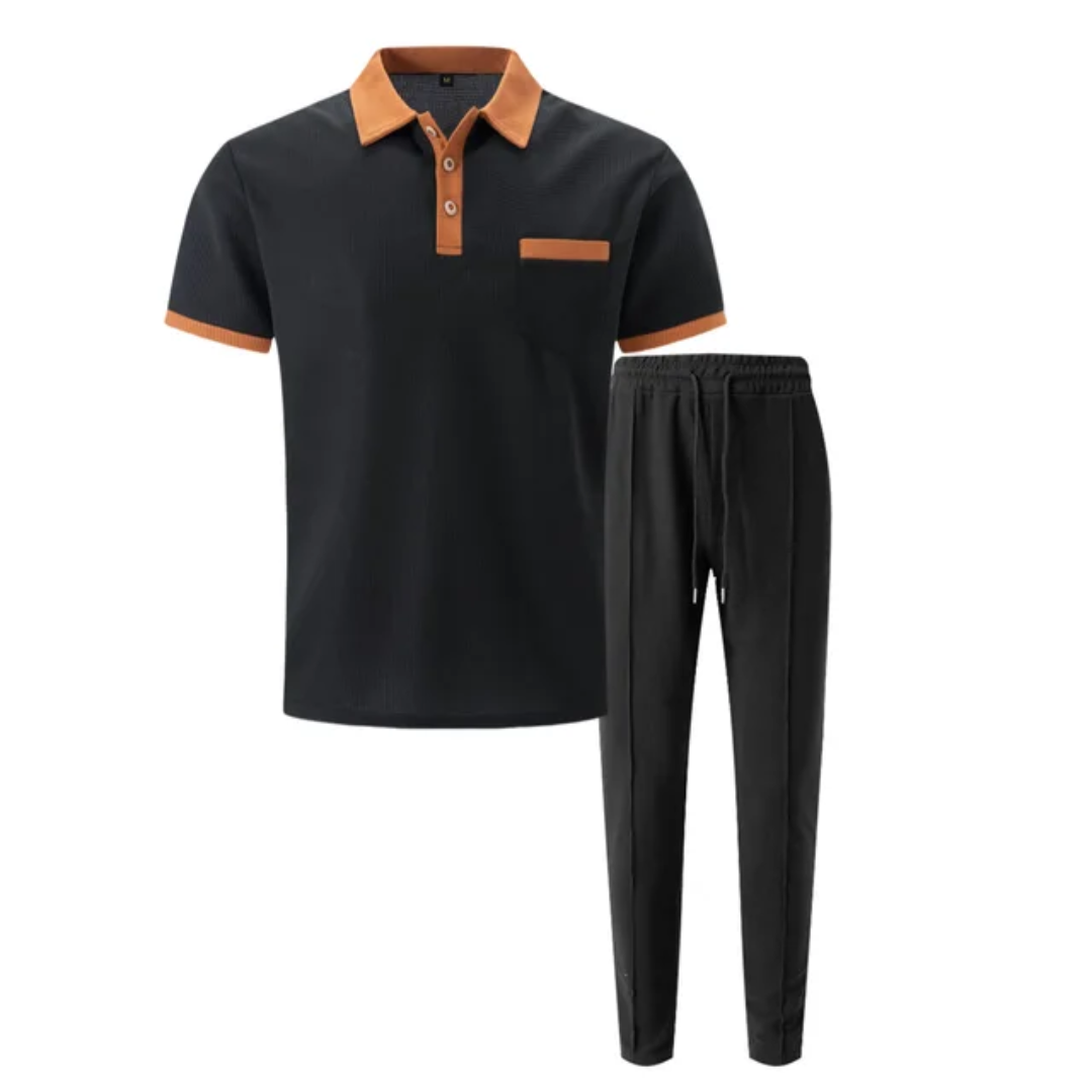 Men's Breathable Polo Shirt &amp; Long Pants Set – Waffle Collar Edition