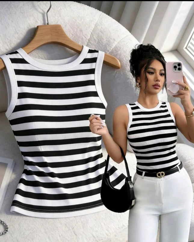 Elenzga Regata Elegante Ajustada Casual Feminina, Canelada Preta e Branca, Adequada para Uso Diário 555