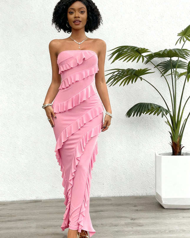 Vestido Longo com Bainha sem alças, Múltiplas Camadas, Estilo Folha de Lótus com Babados 147