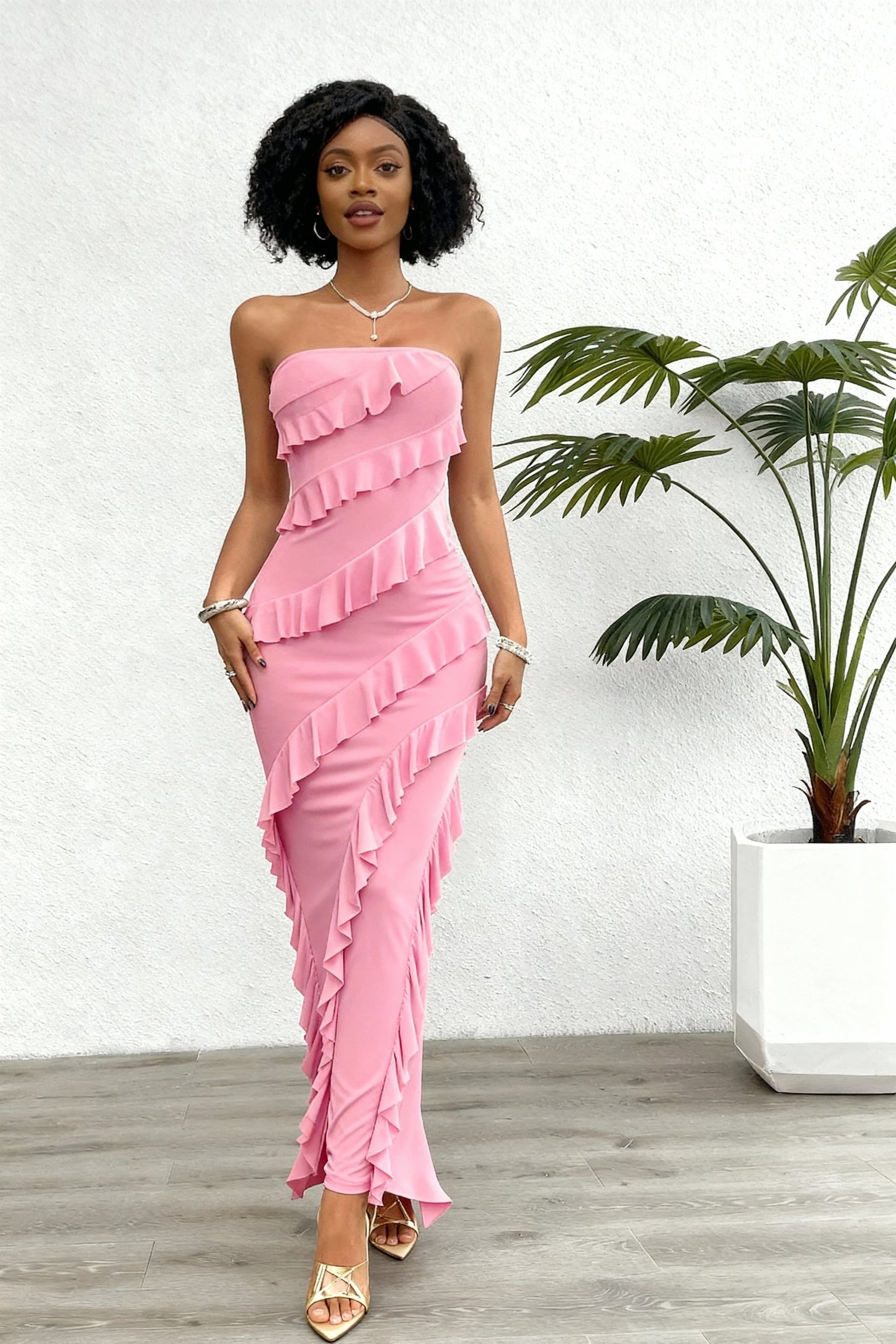 Vestido Longo com Bainha sem alças, Múltiplas Camadas, Estilo Folha de Lótus com Babados 147