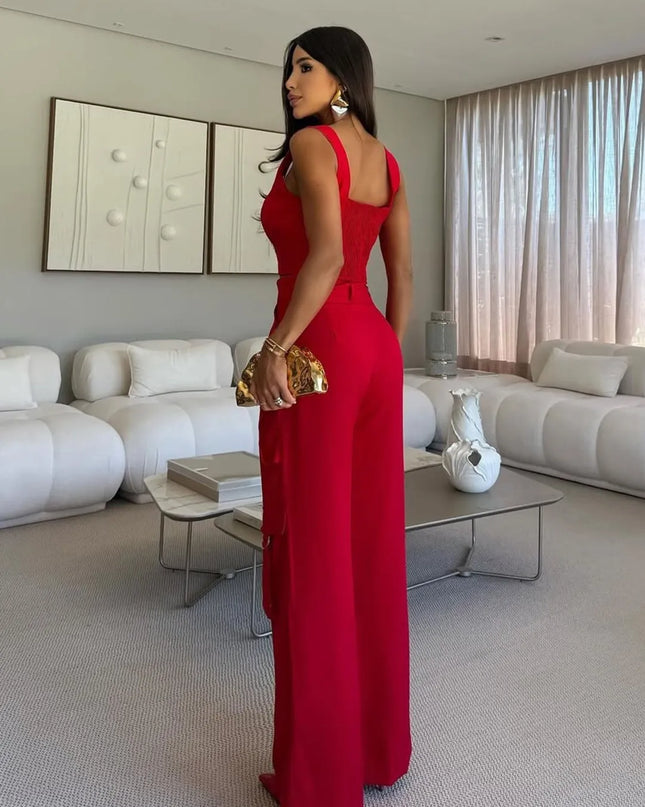 Conjunto feminino calça cargo e cropped de alça alfaiataria complemento 453