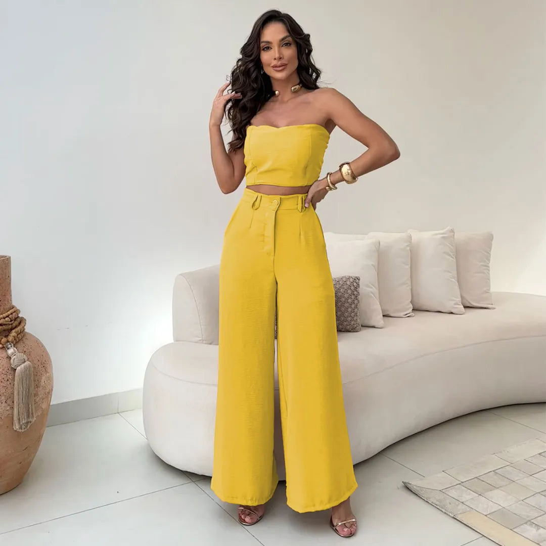 Conjunto Feminino Casual Elegante Calça Pantalona Cintura Alta e Cropped Duna 244