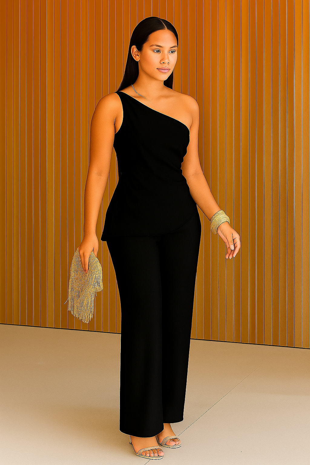 Conjunto de 2 peças de calças com gola inclinada e um ombro só 25